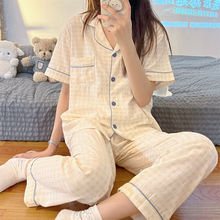 格子睡衣女2026新款夏季薄款开衫短袖长裤空调套装网红日系家居服