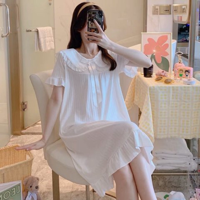 Estilo coreano nuevo verano pijamas de manga corta de las mujeres ins traje camisón lindo collar de la muñeca Red Rojo vestido de longitud media casa de verano