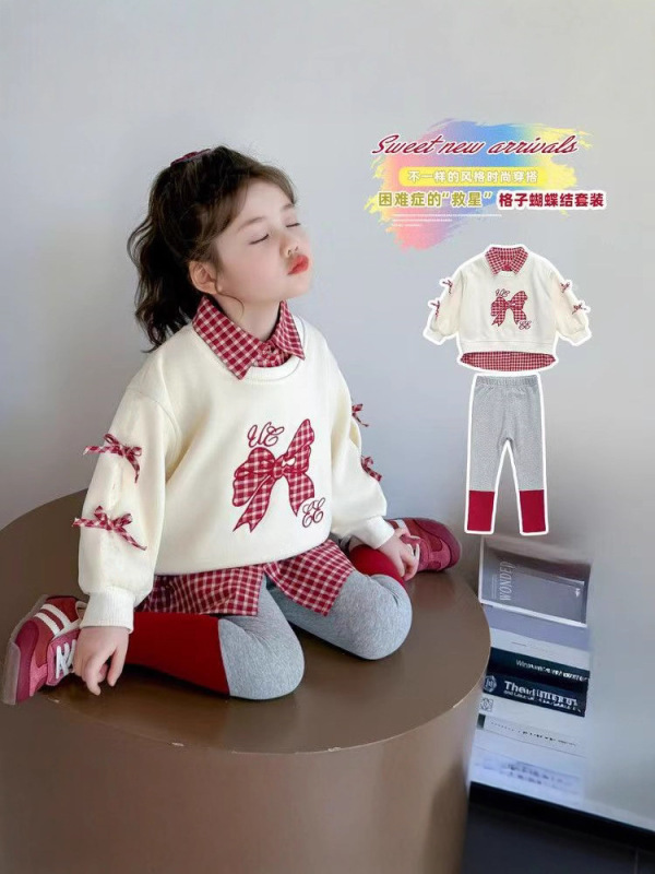 女宝宝蝴蝶结卫衣套装春秋款2025新款洋气韩版女童休闲运动两件套|undefined