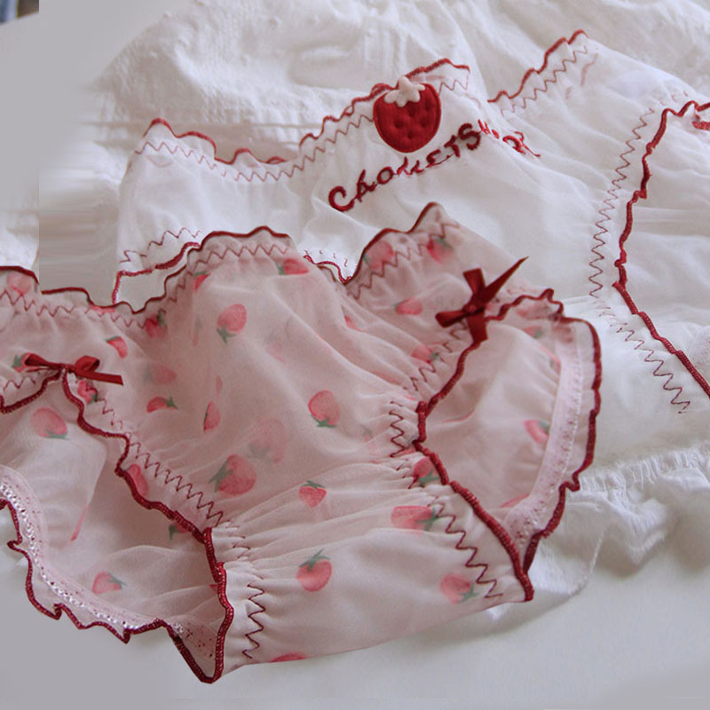 Beautiful! Purely Alluring, Slightly See-Through Mesh with Strawberry Embroidery and Print, Cute and Sweet, Antibacterial Pure Cotton Crotch Panties A277