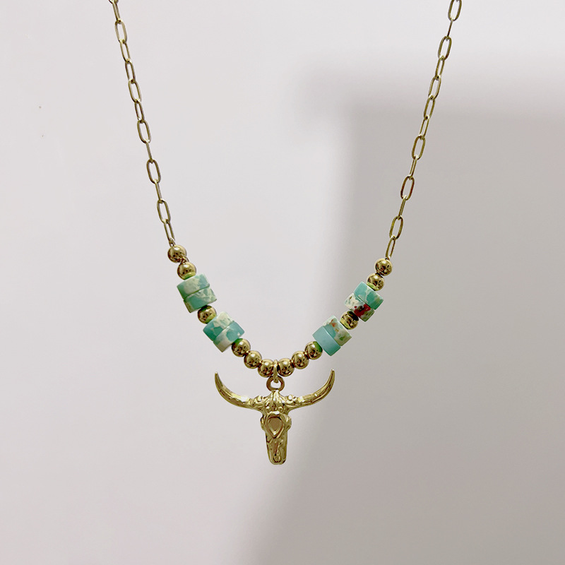 Fashion Bull Head Stainless Steel Plating Natural Stone Pendant Necklace