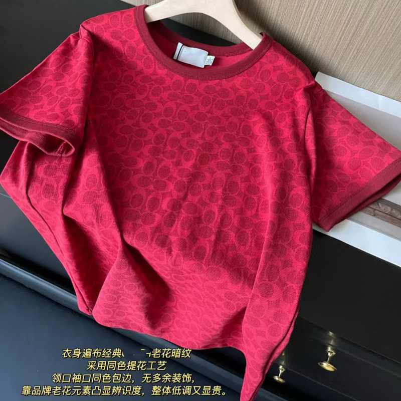2026 Summer New Luxury Style Monogram Print Short-Sleeve T-Shirt Unisex Red Cotton Crew Neck Jacquard Top