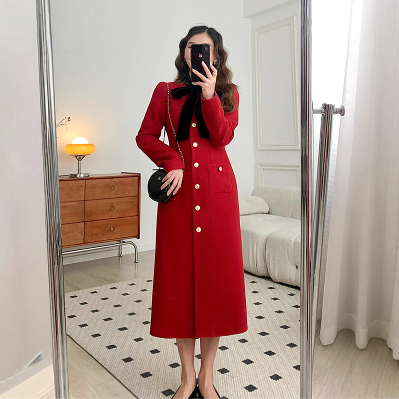 Red Woolen Dress for Women, Winter, High-End, Light Luxury, Slim Fit, French Style, Tweed, Chanel-Style, Long Dress