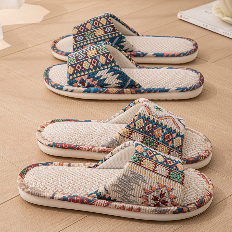 Linen Slippers for Men, Summer, Bohemian Retro Style, Non-Slip, Indoor Home, Soft-Soled Silent Floor Slippers for Women, All Seasons