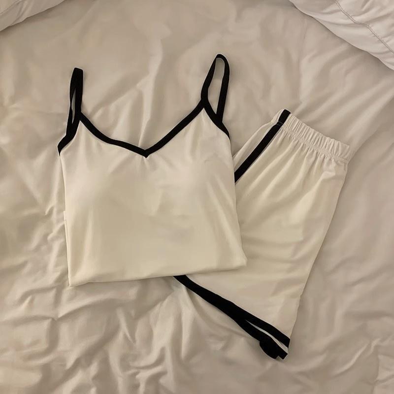 ins 韓国クールアイスシルクパジャマ女性の夏のキャミソール胸パッド付きシンプルな薄いスーツホーム服|undefined