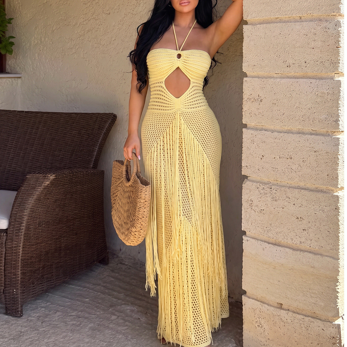 European cross-border new model long tassel strapless dress with hollowed-out waist, halter neck, tie straps, and backless design for the beach