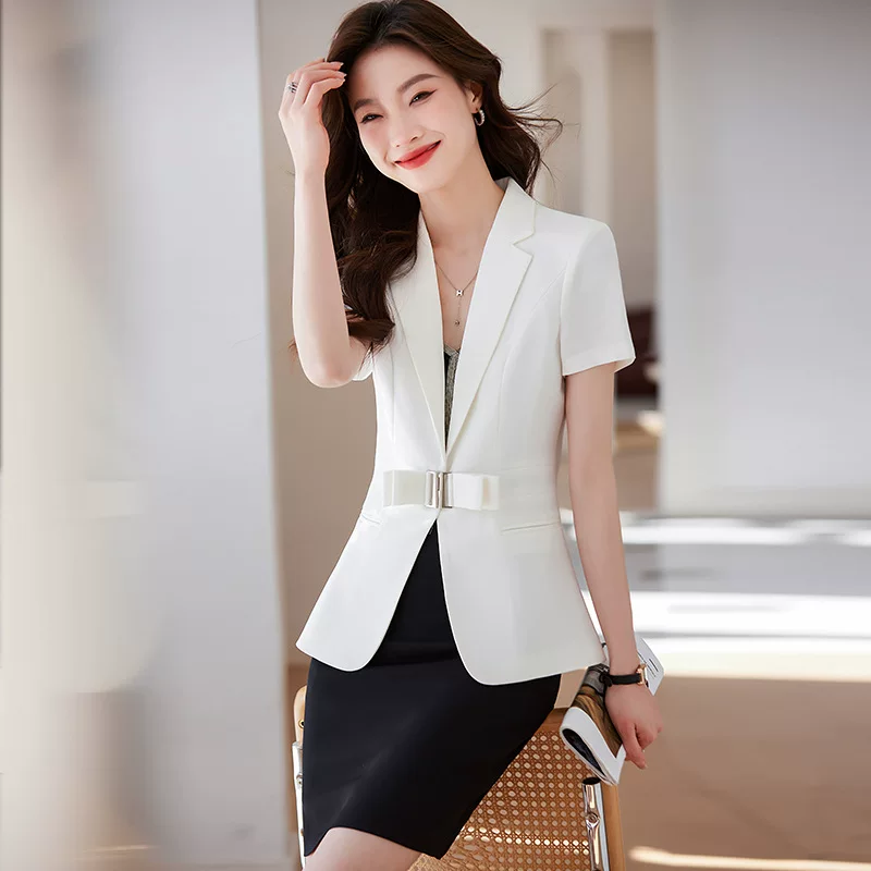 Women's Classic Suit Jacket, White, Short Sleeve, Lightweight Thin Work Blazer