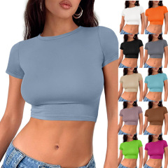 2024欧米アマゾンy 2k女性式臍上着夏丸首基本モデル修身ファッション半袖tシャツ
