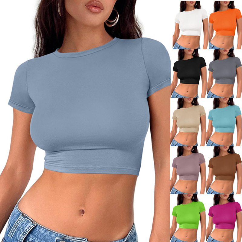 2024 European and American Amazon Y2K Women's Navel Top Summer Round Neck Basic Slim-fit Fashion Short-sleeved T-shirt