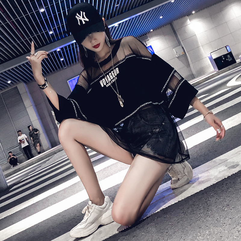 拼接网纱T恤女2025夏季新款街头嘻哈性感防晒宽松酷酷黑色上衣潮