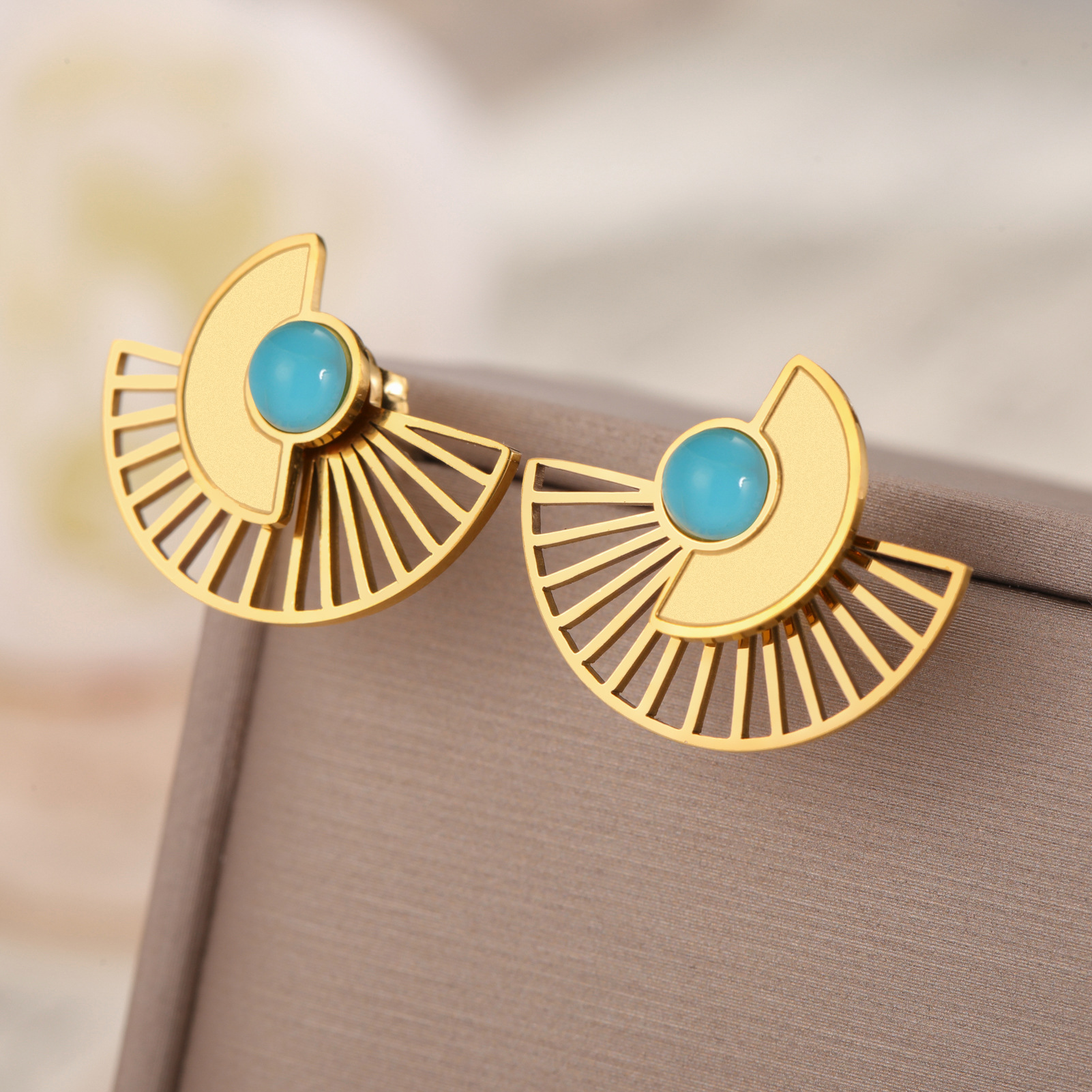 Golden turquoise fashionable earrings stainless steel