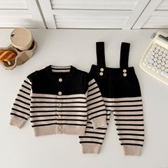 ins新款韩版春秋婴幼儿针织开衫+背带裤男宝宝帅气撞色条纹两件套