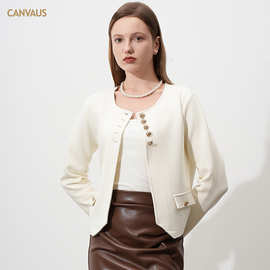 CANVAUS新款高级感洋气小香风外套女长袖金属纽扣通勤短款开衫