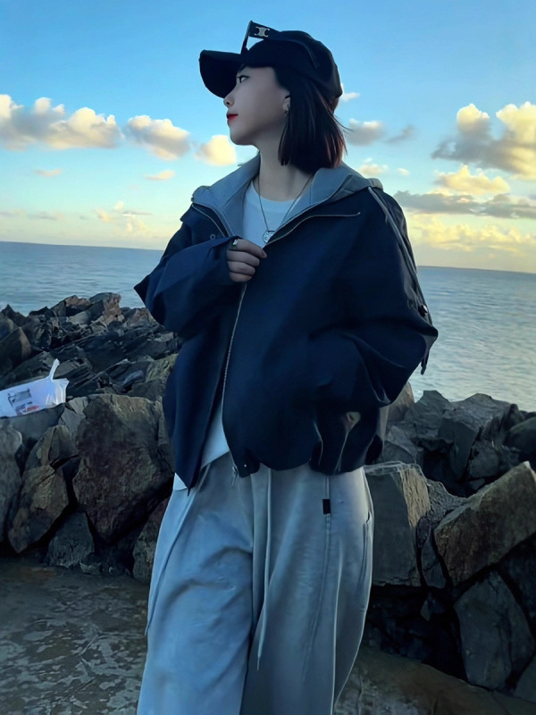 假两件连帽短款冲锋衣外套女2025秋季新款小个子休闲宽松百搭上衣|undefined