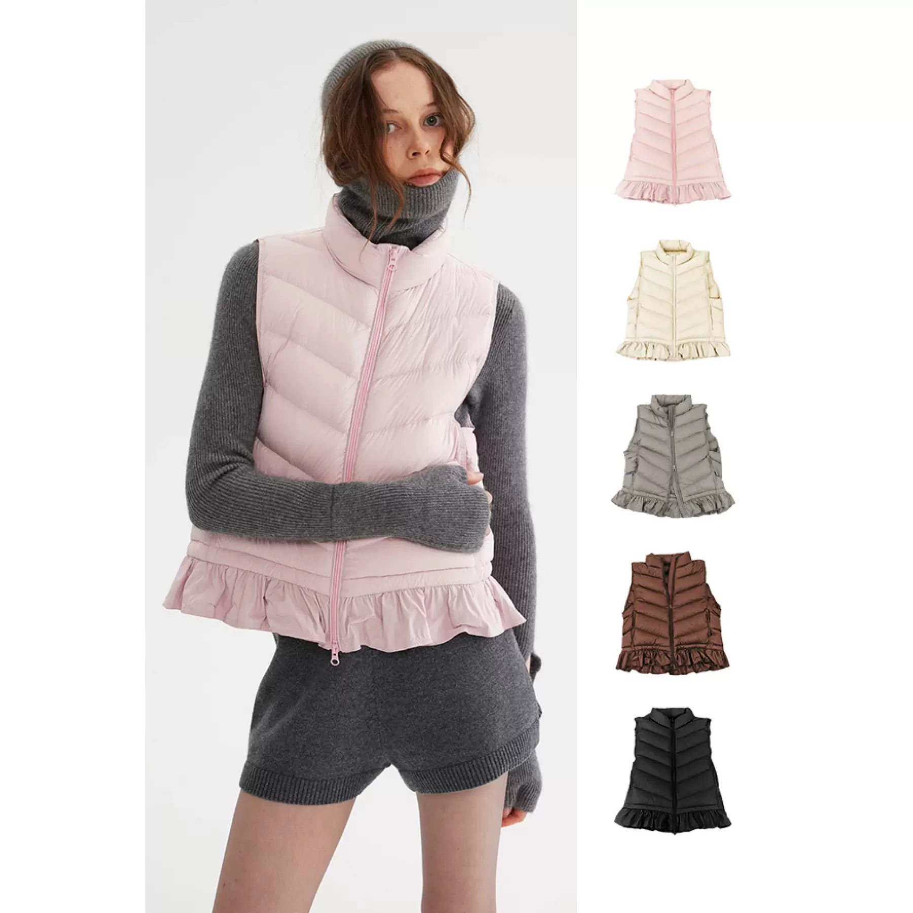 四媛 多色花边立领羽绒背心2025冬季新款设计感荷叶边马甲外套女