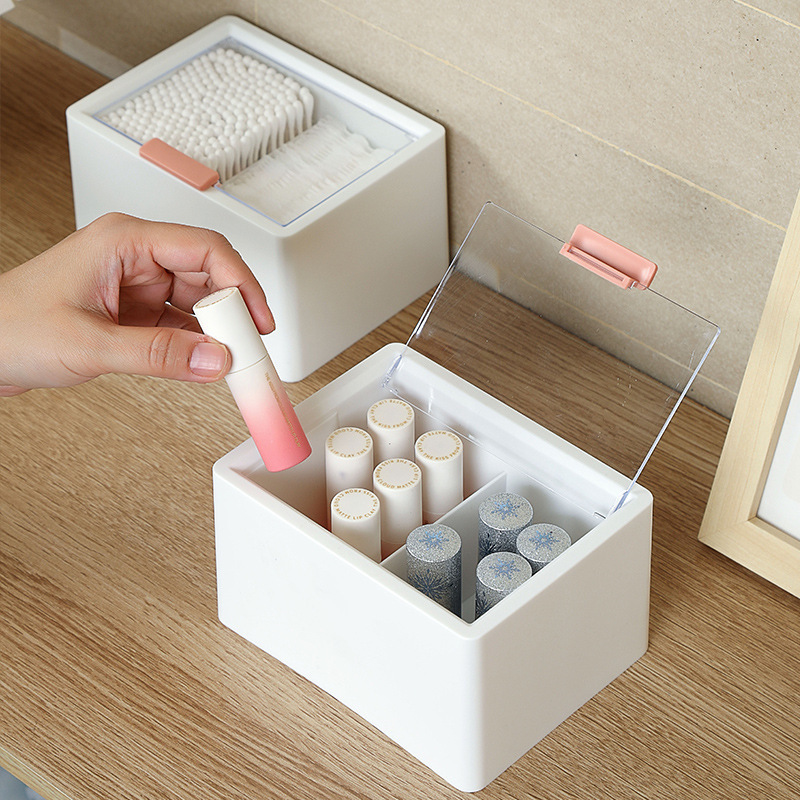 ミニマリスト防塵コットン収納ボックス プラスチック製二層仕切り付き透明蓋付き口紅収納ボックス|undefined