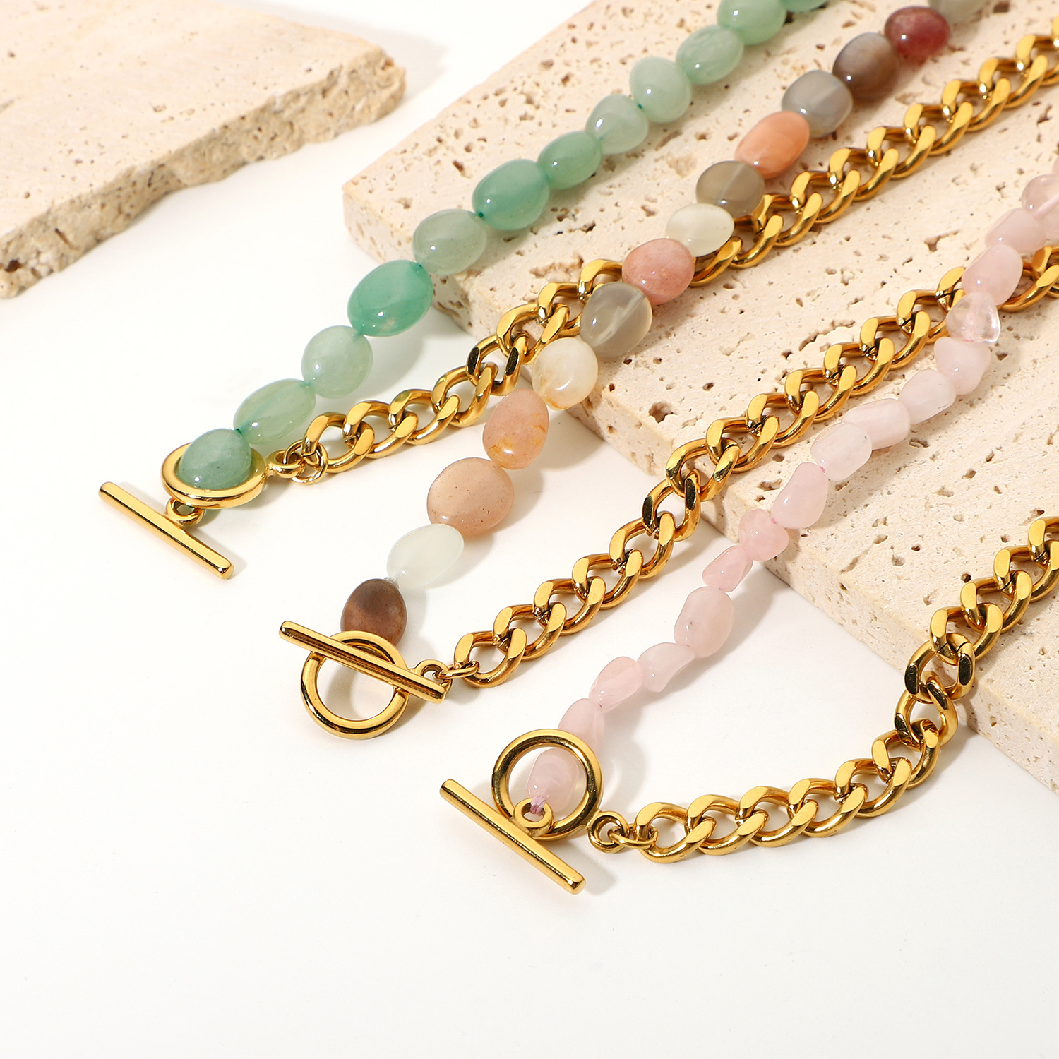 Wholesale Jewelry Pink Natural Stone Beaded Splicing Chain Stainless Steel Necklace_colorza_1