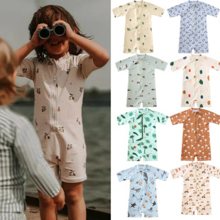 Men's and Women's Floral Polyester Fiber One-Piece Rompers Ins Boys' Sun Protection Quick-Drying Hot Spring Swimwear Conservative Swimsuit
