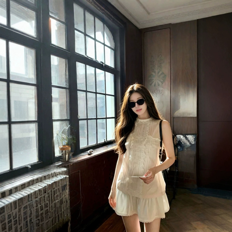 Wuuuis【Jojo Private Fashion Line】Light Pink Sleeveless Shirt for Women, Vintage Chanel-Style Lace-Trimmed Vest Top Wuuuis【Jojo Private Fashion Line】Light Pink Sleeveless Shirt for Women, Vintage Chanel-Style Lace-Trimmed Vest Top