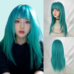 ターコイズグリーン調節可能なアニメウィッグ前髪付きロングストレートヘアレイヤードローズネットウィッグ