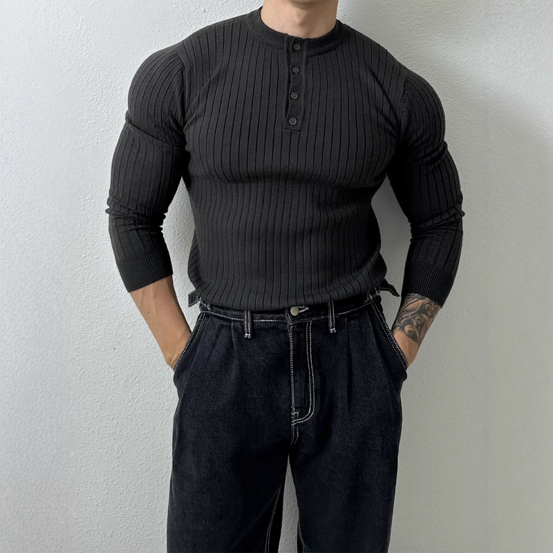 Henry Collar Long-Sleeved Knitwear Men's Spring New American Muscular Men's Fitness Versatile Slim T-Shirt Henry Collar Long-Sleeved Knitwear Men's Spring New American Muscular Men's Fitness Versatile Slim T-Shirt
