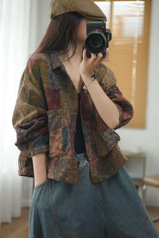 2025秋韩版宽松复古双纱印花立体口袋翻领外套百搭休闲上衣女8331|undefined