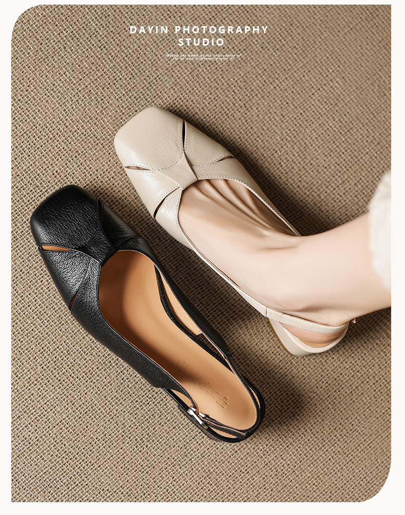 Sandal nữ mũi vuông da cừu hở mũi gót vừa dày — đen chi tiết 2