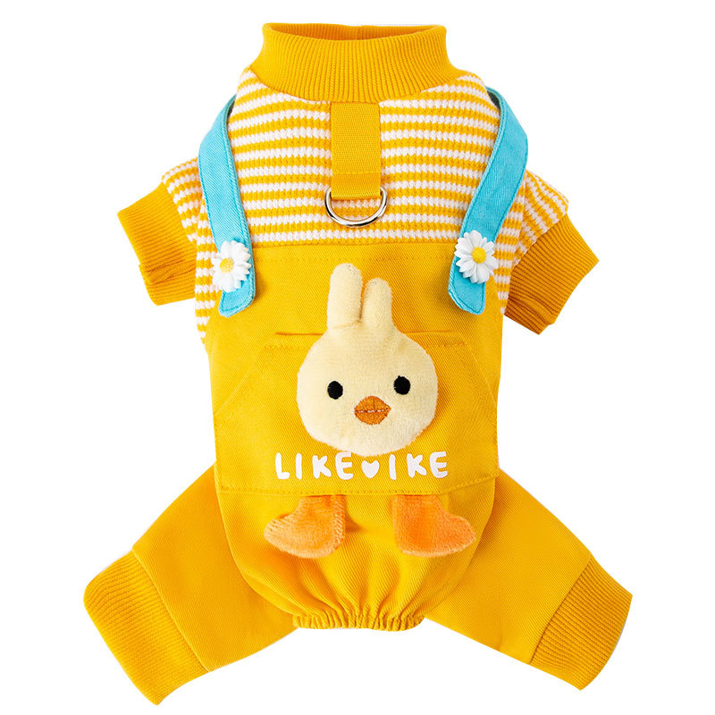 Otoño e invierno perro tridimensional pollo tracción tirantes pantalones gato mascota de cuatro patas cálido forrado de lana ropa de perro de peluche
