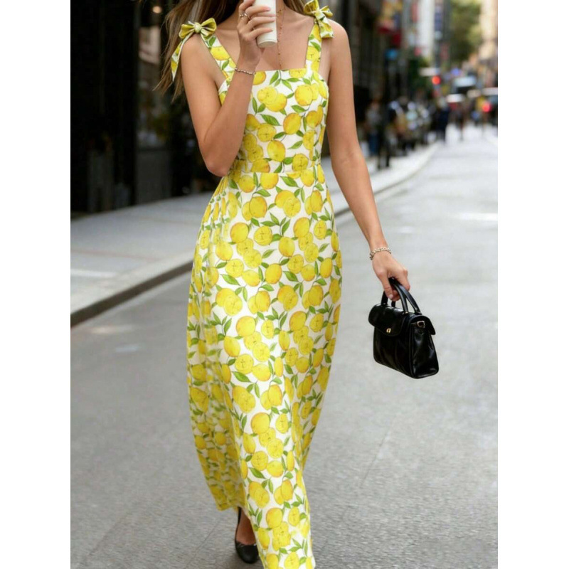 Amazon Cross-Border Fashion Elegant Resort Style Lemon Print Design Lace-Up Sleeveless A-Line Long Dress for Women