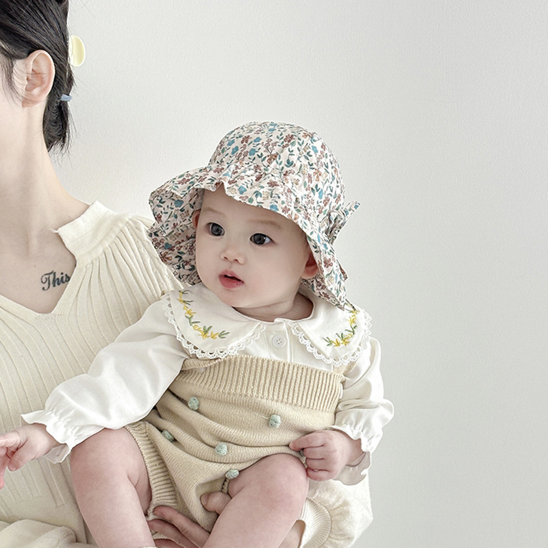Sombrero para bebés primavera y otoño delgado coreano sombrero de pescador de gran bisel ajustable para bebés pequeños meses sombrero de cuenca