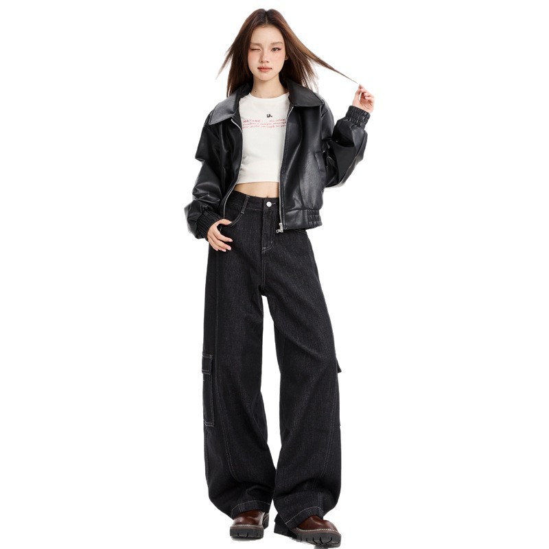 黑金色弯刀工装牛仔裤女2025秋季新款宽松阔腿韩版百搭显瘦镰刀裤|undefined