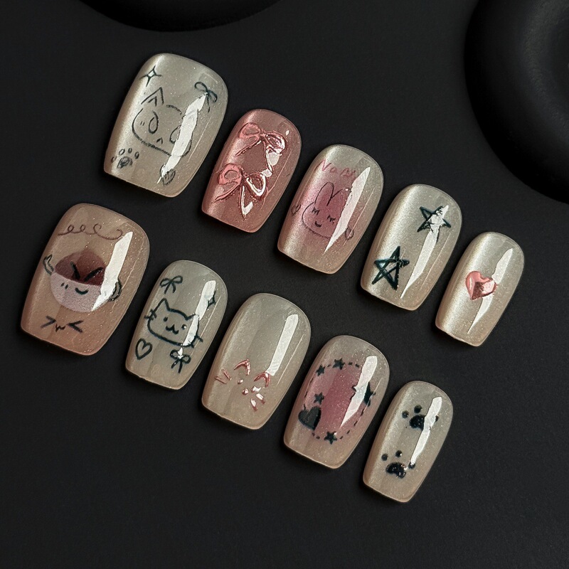 Wearable Cute Cartoon Chestnut Kitten Ultra-Short Rose Gold Gilded Bow Cat Eye Nail Tips