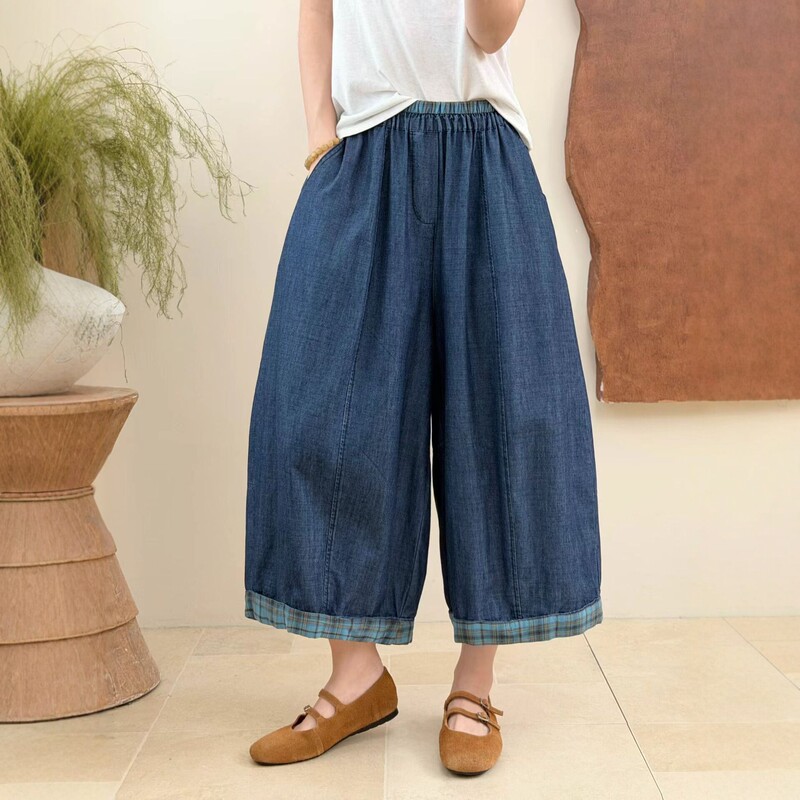 2026 Summer New Vintage Bamboo Cotton Denim Wide-Leg Pants for Women, Elastic Waist Loose Cuffed Cropped Pants 596