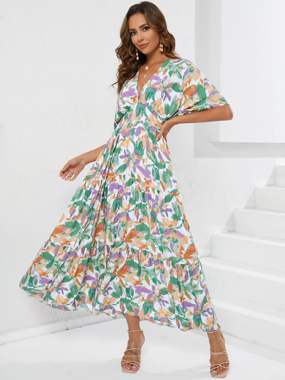 Femmes Robe Régulière Vacances Col En V Impression Manche Courte Feuille Maxi Longue Robe Vacances Voyage display picture 1