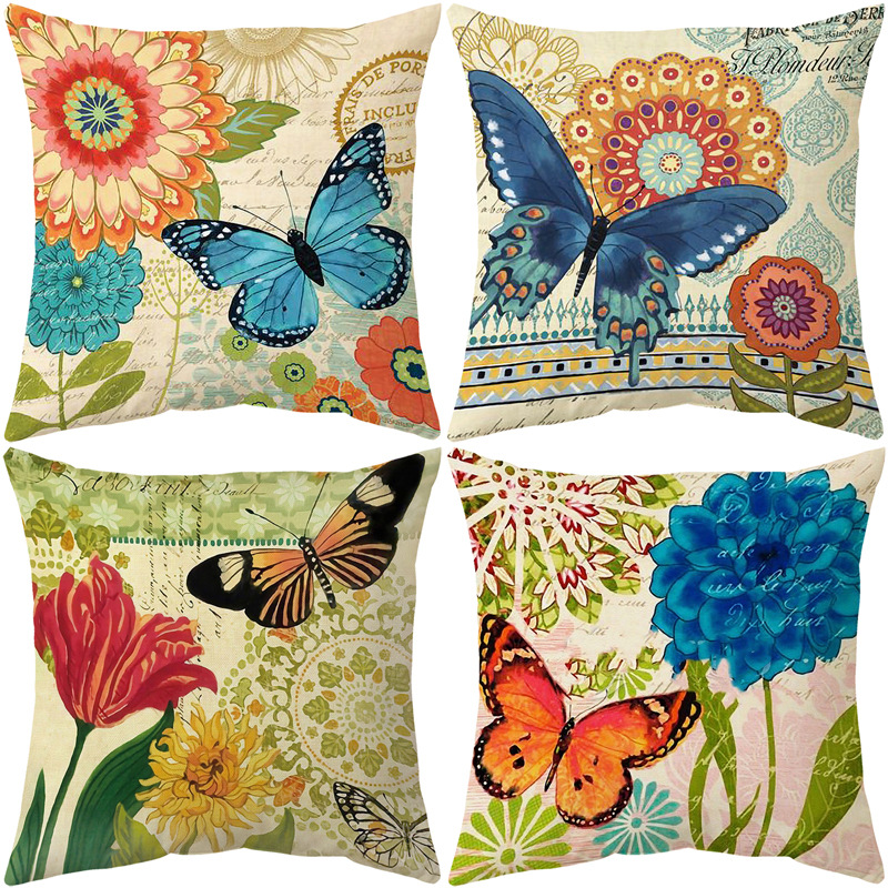 Cross-Border Hot Selling Amazon Spring and Summer Retro Butterfly Flower Series Home Plush Linen Pillow Cushion Pillowcase