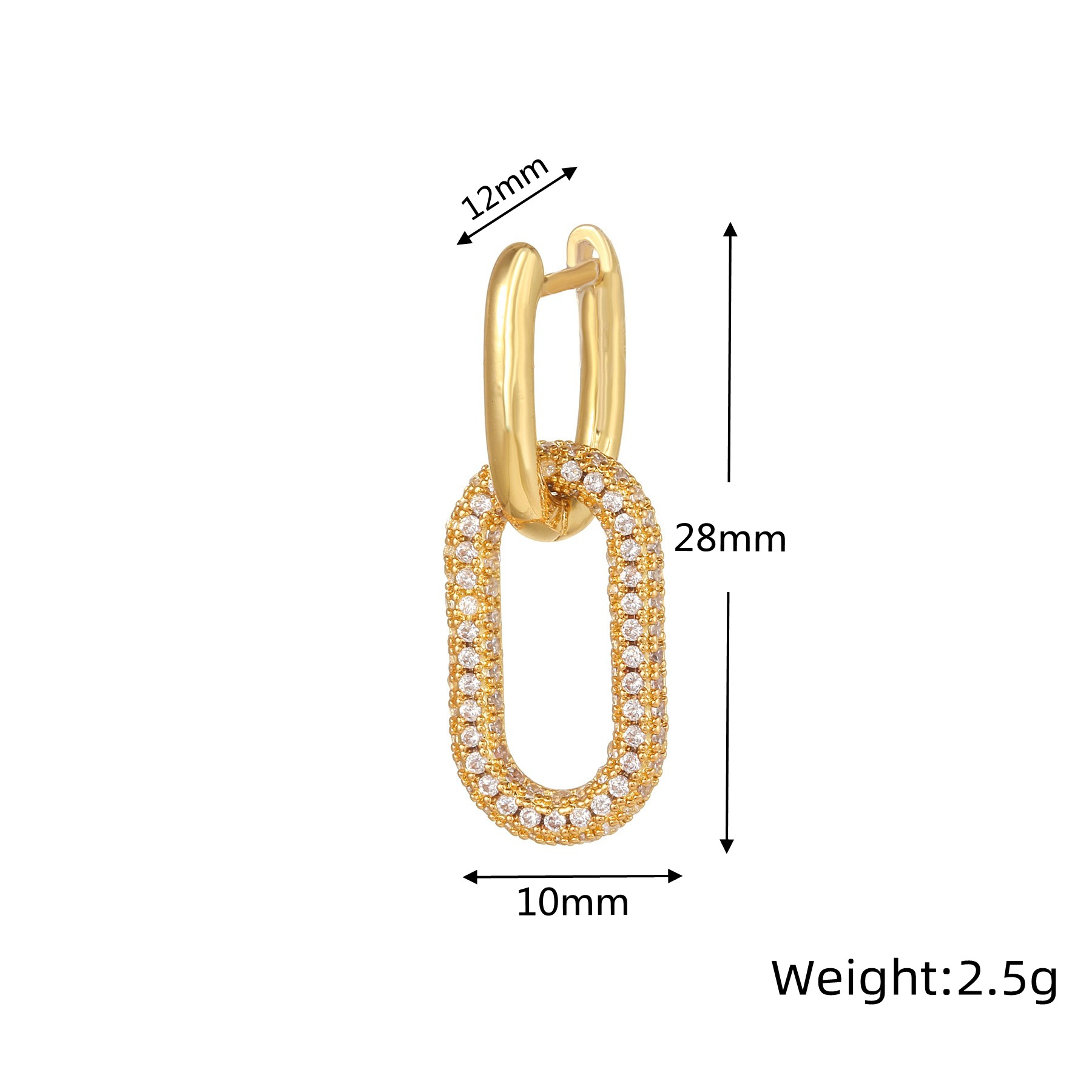 18K Gold Zircon Earrings Geometric Rectangular Ear Clips Single