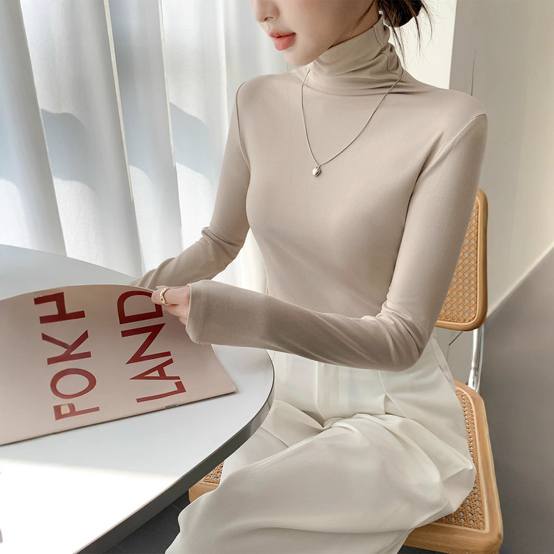 Turtleneck Bottoming Shirt for Women 2024 Spring & Fall Inner Wear and Outer Wear Pile Collar T-Shirt New Black Modal Style Top