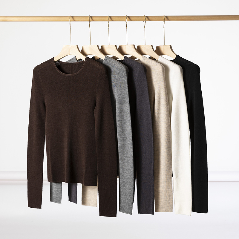 Machine Washable! Yangzi Yarn 18-Gauge Seamless Integrated 48-Count Fine-Spun Wool Crew Neck Base Layer Women's Thin Base Layer for Autumn and Winter