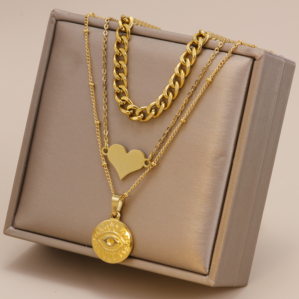 Retro Heart Shape Titanium Steel Plating Layered Necklaces 1 Piece