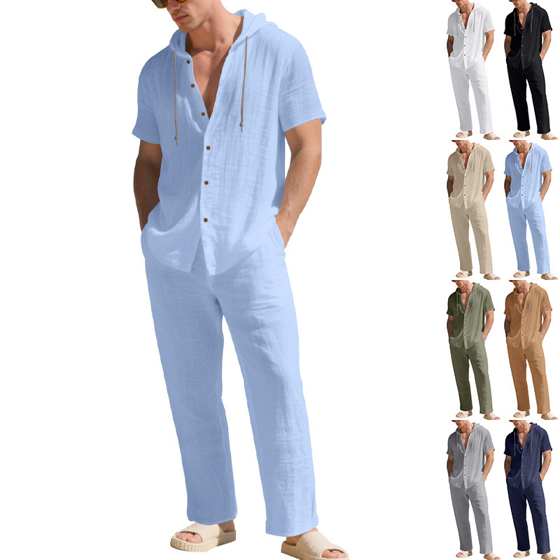 Herren Sommer Leinen Set Kurzarmhemd Und Hose Im Casual Style_voghion.com