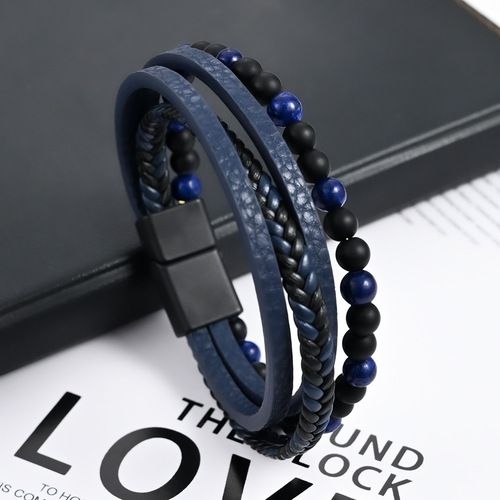 European and American Instagram-style multi-layer woven men's bracelet with natural stone and alloy, men's leather bead bracelet