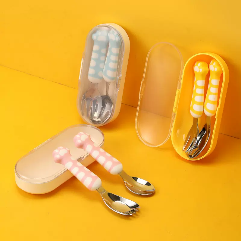 猫爪儿童勺餐具316不锈钢刀叉勺宝宝自主进食训练勺创意便携餐具