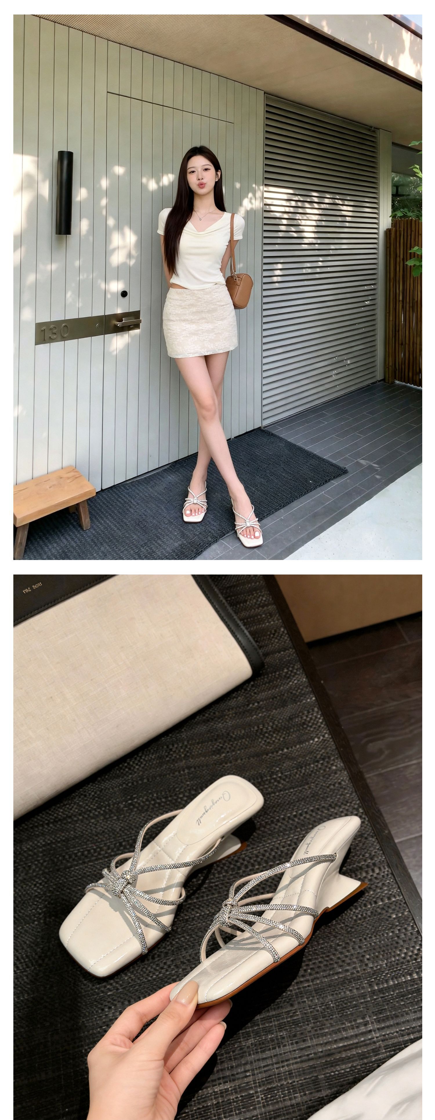 Sandal cao gót nữ mũi vuông quai ngang đính đá pha lê gót xuồng 9 cm — màu đen, màu trắng ngà, màu nude chi tiết 28