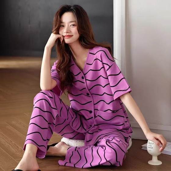 New Cloud-Like Pure Cotton Pajamas for Women in Summer, Soft and Thin Cardigans, Loose and Casual, Can Be Worn Outside, Home Clothes Set