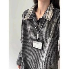 小香风衬衫领拼接长袖polo衫男女秋季潮牌t恤翻领内搭打底衫上衣