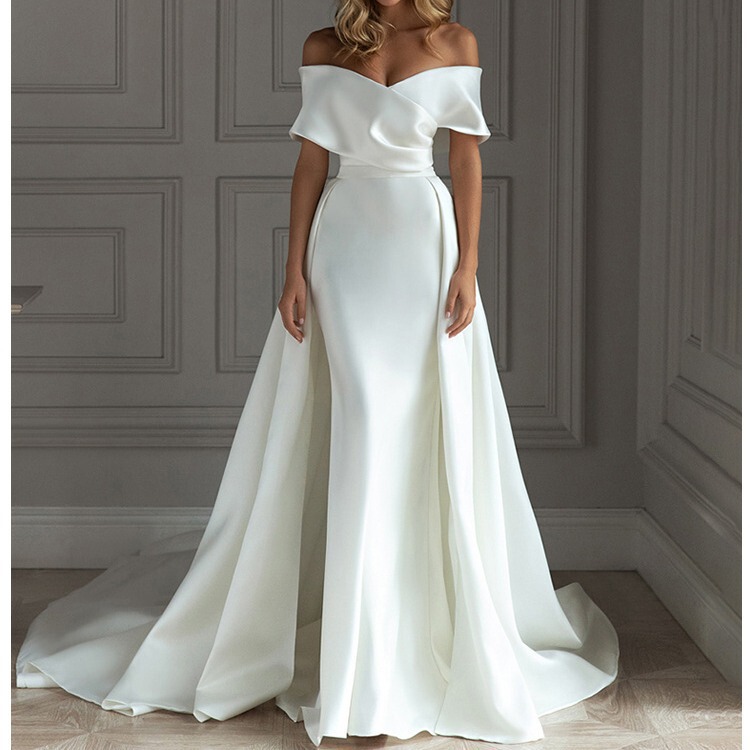 Cross-Border French One-Shoulder Satin Fishtail Detachable Tail Two-Piece Wedding Dress Satin Fishtail Satin Slimming Style