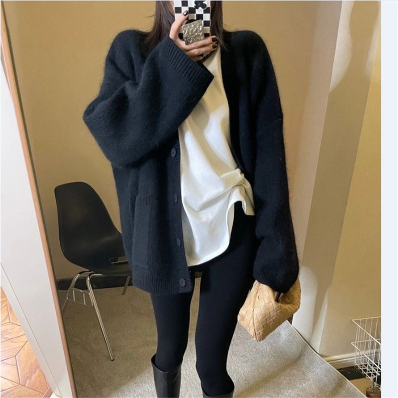 跨境慵懒风外套女2025秋季新款v领纯色针织开衫女宽松大码毛衣女|undefined