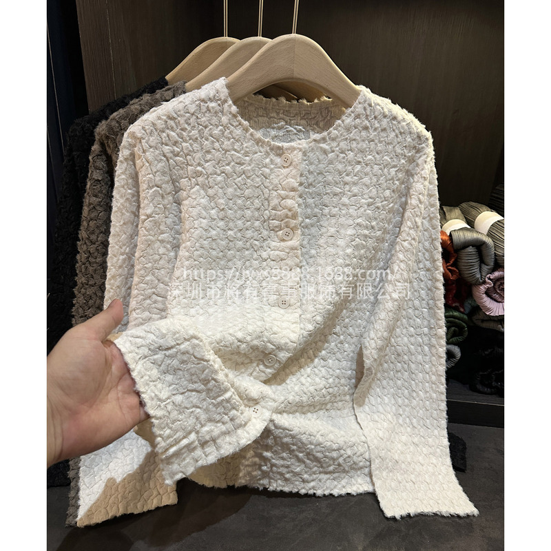 High-End Elegant Pure Color Round Neck Single-Breasted Jacket Top Autum Lazy Simple Loose Large Size Cardigan