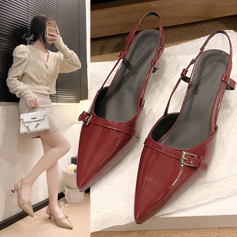 Sandals for Outer Wear High Heel Chanel Style 2024 Autumn and Winter New Style Baotou Shallow French Pointed Toe Low Heels Women's Shoes