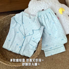 2026年新款纯棉睡衣女春秋季蓝色碎花小翻领宽松可外穿家居服套装